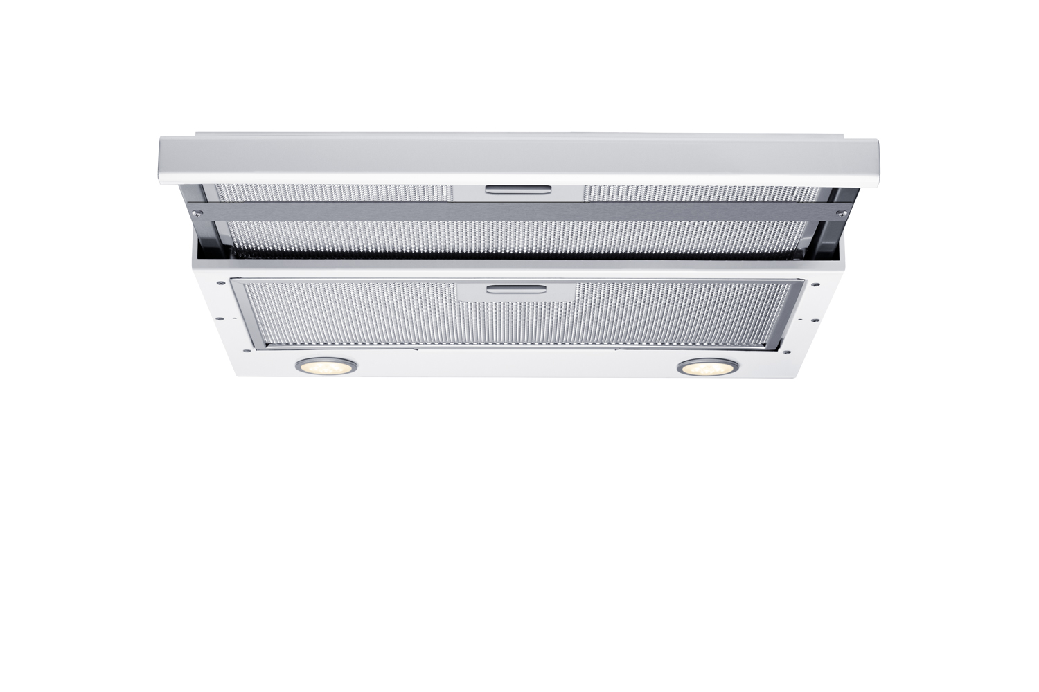 18 inch wide under cabinet retractable range hood for ductless use in white, made in the USA